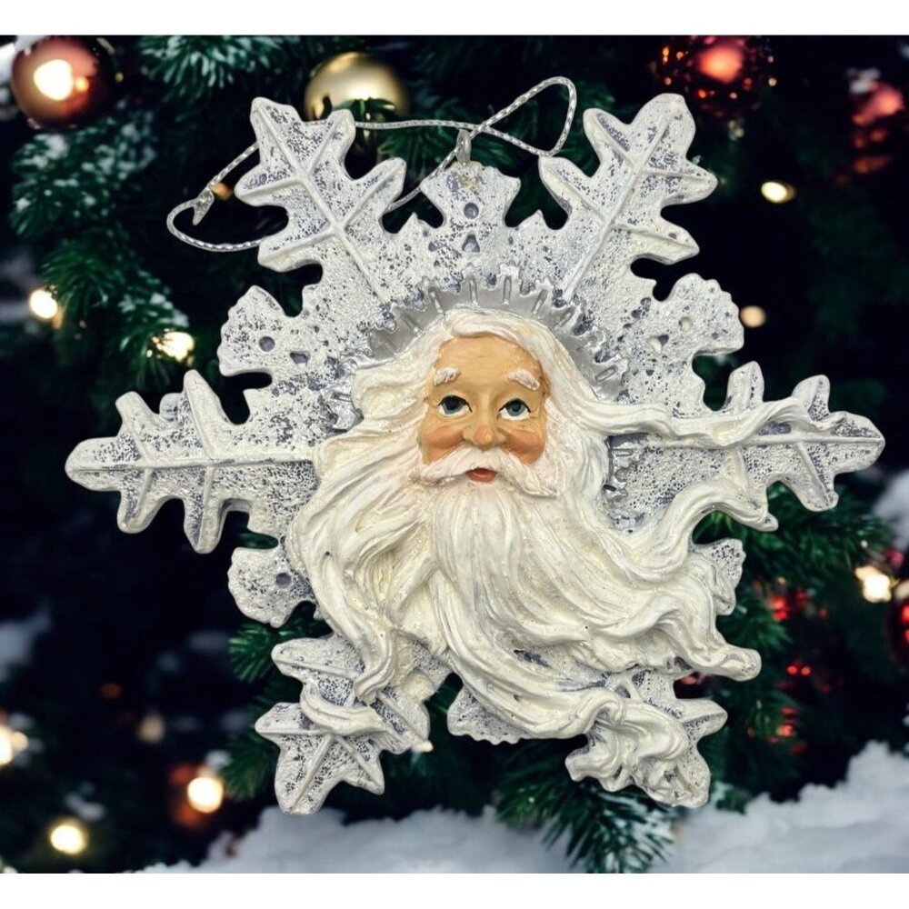 Vintage Santa Claus Face Snowflake Christmas Tree Ornament Glitter Accent